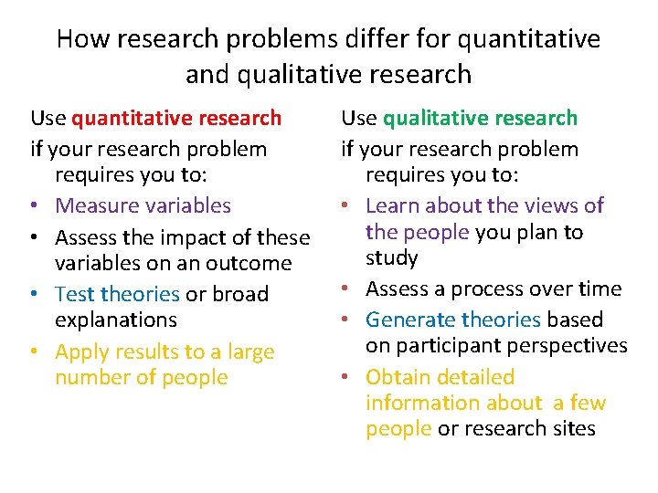 How research problems differ for quantitative and qualitative research Use quantitative research if your