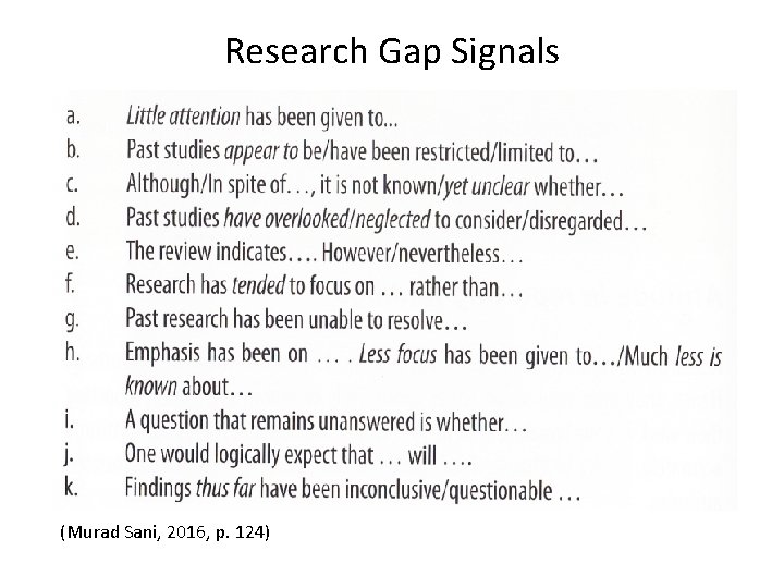 Research Gap Signals (Murad Sani, 2016, p. 124) 