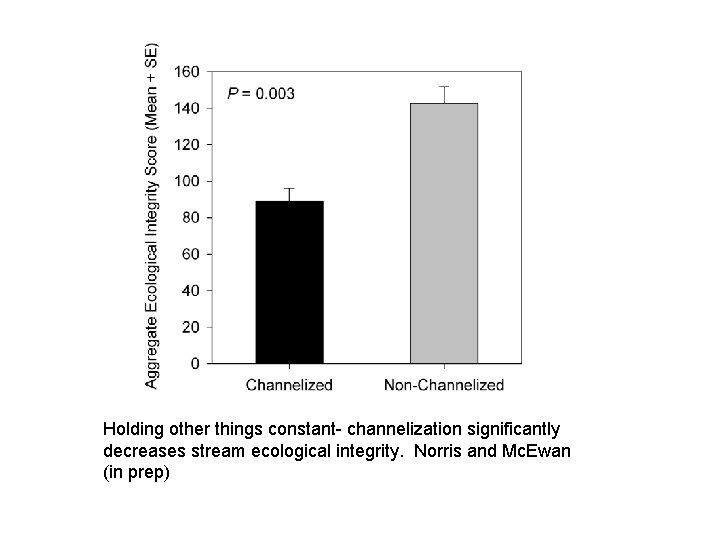 Holding other things constant- channelization significantly decreases stream ecological integrity. Norris and Mc. Ewan