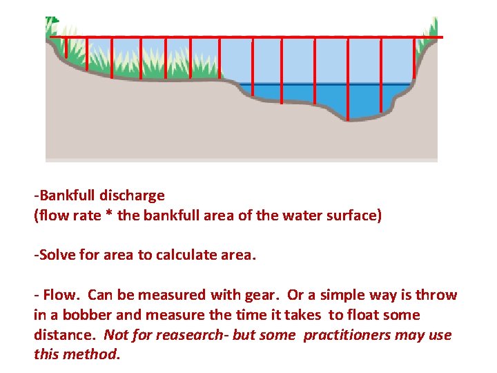 -Bankfull discharge (flow rate * the bankfull area of the water surface) -Solve for
