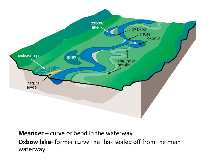 Meander – curve or bend in the waterway Oxbow lake- former curve that has