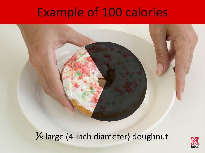 Example of 100 calories ⅓ large (4 -inch diameter) doughnut 