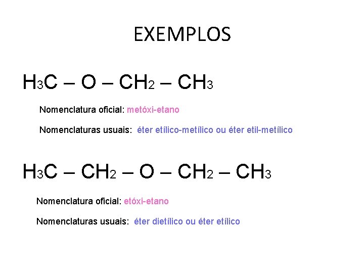 EXEMPLOS H 3 C – O – CH 2 – CH 3 Nomenclatura oficial: