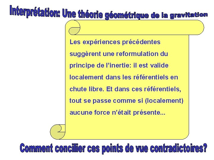 Les expériences précédentes suggèrent une reformulation du principe de l’inertie: il est valide localement