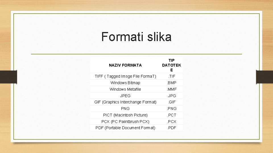 Formati slika NAZIV FORMATA TIP DATOTEK E TIFF ( Tagged Imsge File Forma. T)