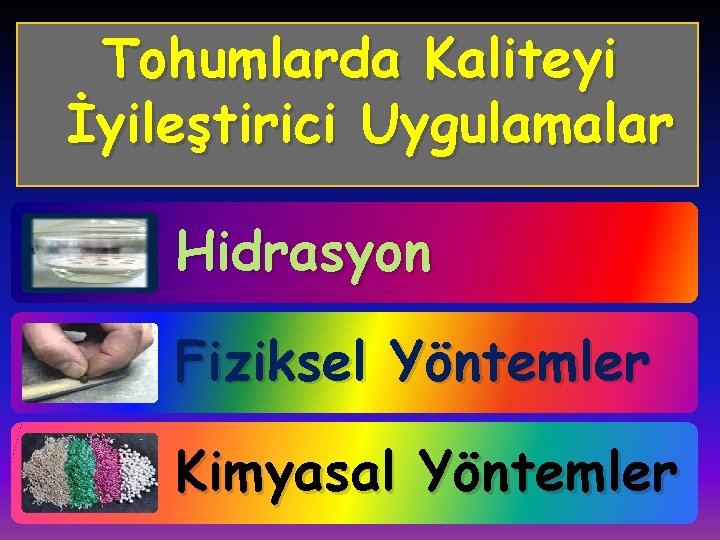 Tohumlarda Kaliteyi İyileştirici Uygulamalar Hidrasyon Fiziksel Yöntemler Kimyasal Yöntemler 