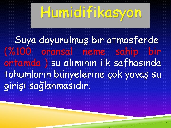 Humidifikasyon Suya doyurulmuş bir atmosferde (%100 oransal neme sahip bir ortamda ) su alımının