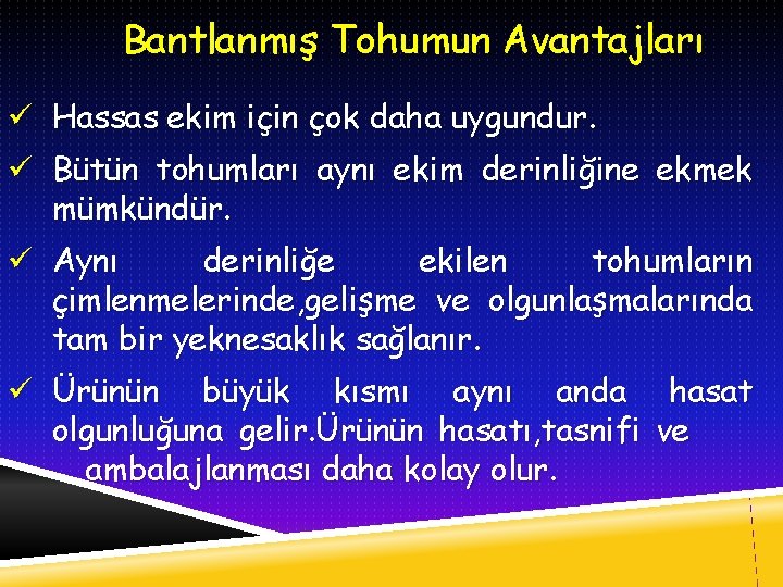 Bantlanmış Tohumun Avantajları ü Hassas ekim için çok daha uygundur. ü Bütün tohumları aynı