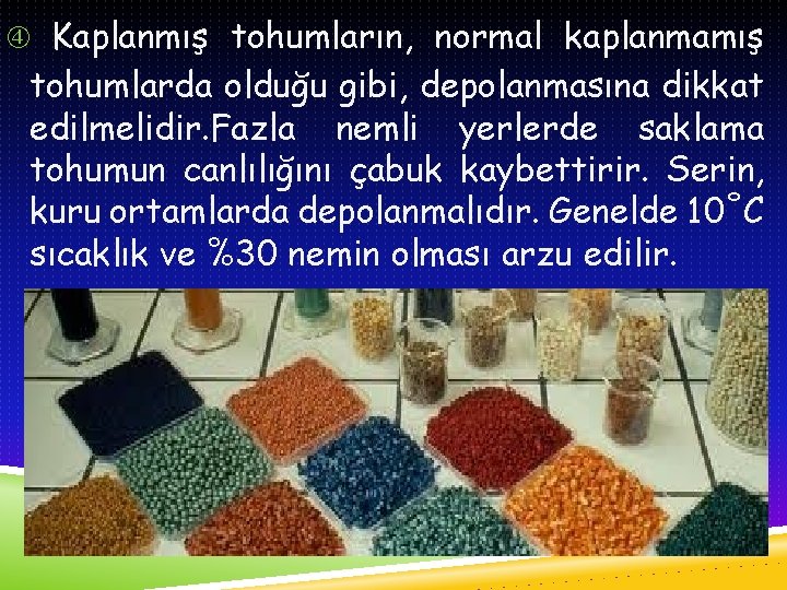  Kaplanmış tohumların, normal kaplanmamış tohumlarda olduğu gibi, depolanmasına dikkat edilmelidir. Fazla nemli yerlerde