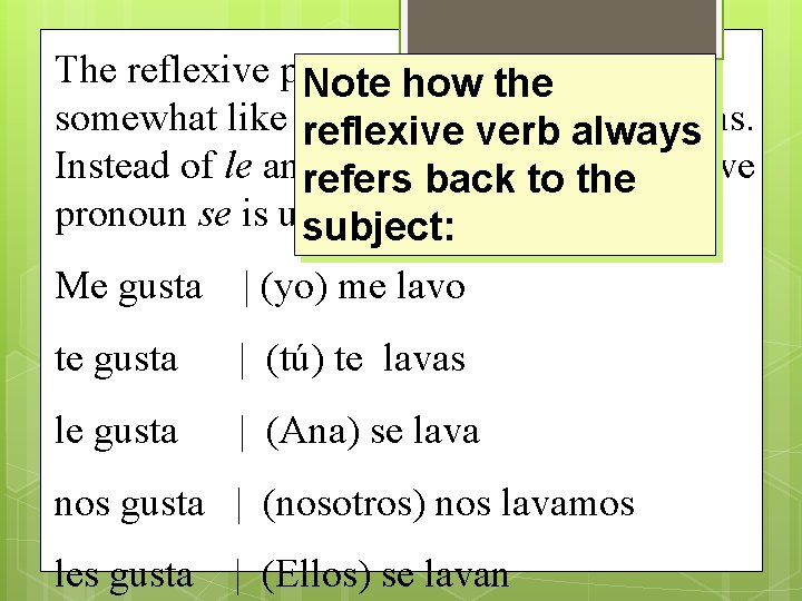 The reflexive pronouns in Spanish are Note how the somewhat like the indirectverb objectalways