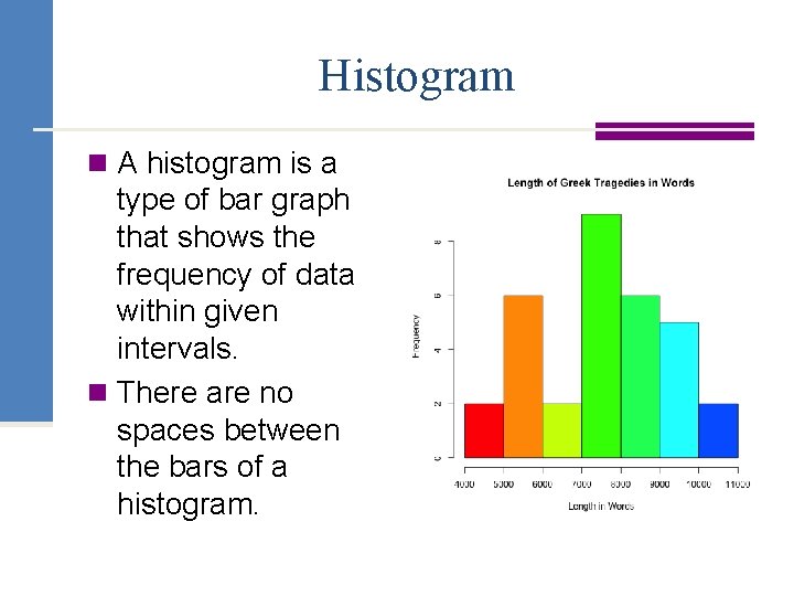 Histogram n A histogram is a type of bar graph that shows the frequency