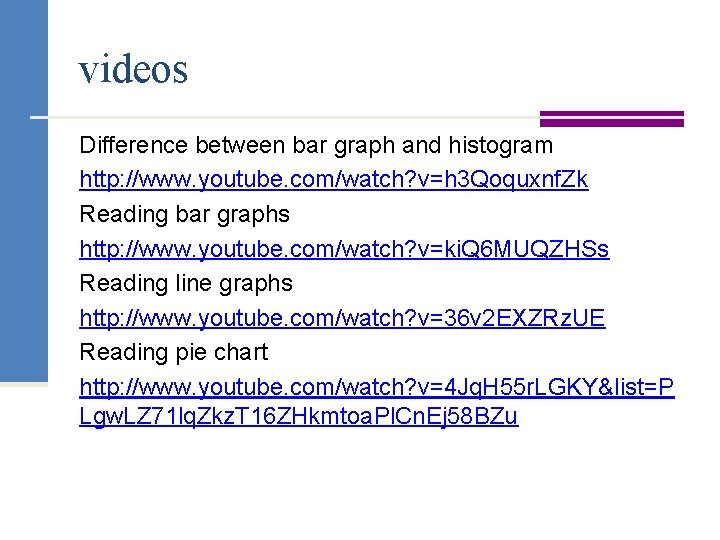 videos Difference between bar graph and histogram http: //www. youtube. com/watch? v=h 3 Qoquxnf.