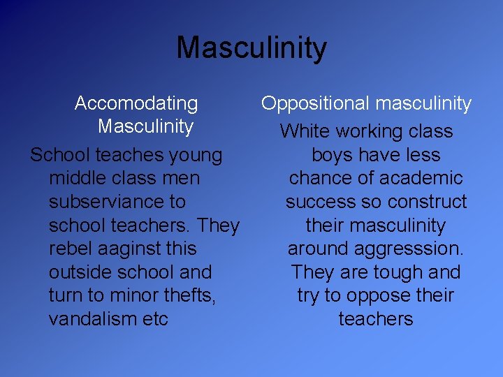 Masculinity Accomodating Masculinity School teaches young middle class men subserviance to school teachers. They