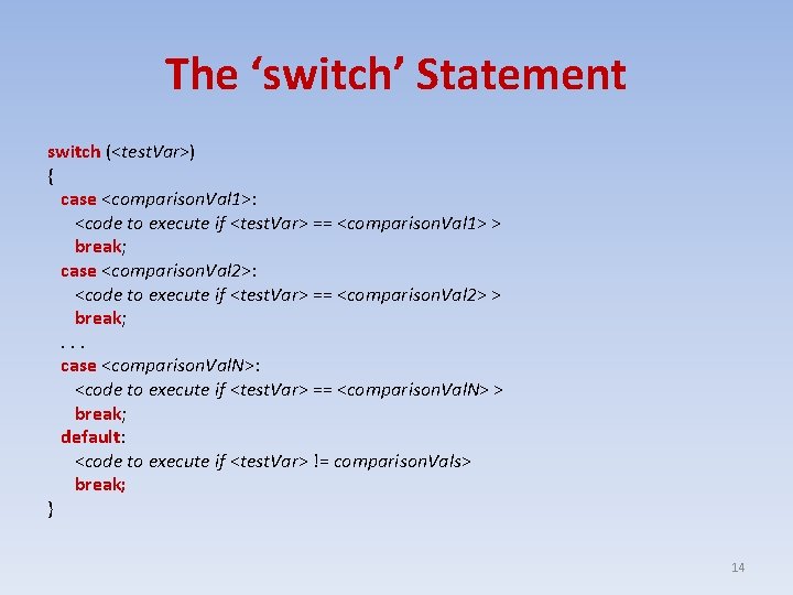 The ‘switch’ Statement switch (<test. Var>) { case <comparison. Val 1>: <code to execute