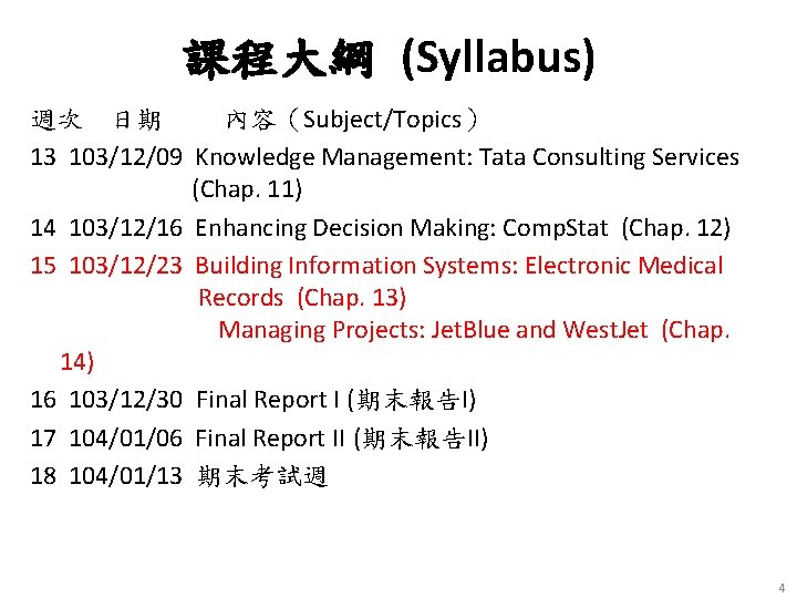 課程大綱 (Syllabus) 週次 日期 內容（Subject/Topics） 13 103/12/09 Knowledge Management: Tata Consulting Services (Chap. 11)