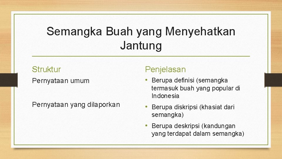 Semangka Buah yang Menyehatkan Jantung Struktur Penjelasan Pernyataan umum • Berupa definisi (semangka Pernyataan