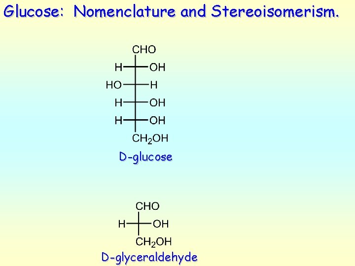 Glucose: Nomenclature and Stereoisomerism. D-glucose D-glyceraldehyde 