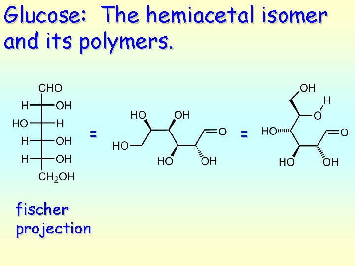 Glucose: The hemiacetal isomer and its polymers. = fischer projection = 
