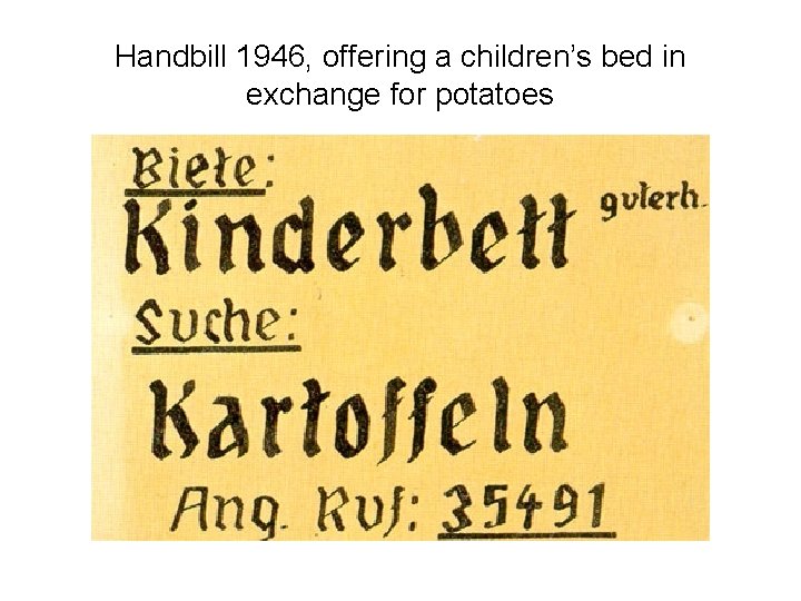 Handbill 1946, offering a children’s bed in exchange for potatoes 