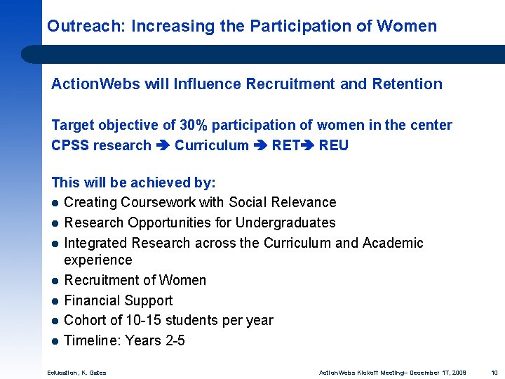 Outreach: Increasing the Participation of Women Action. Webs will Influence Recruitment and Retention Target