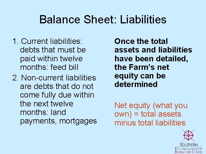 Balance Sheet: Liabilities 1. Current liabilities: debts that must be paid within twelve months: