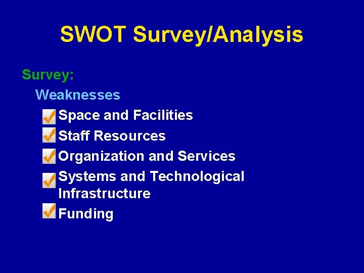 SWOT Survey/Analysis Survey: Weaknesses Space and Facilities Staff Resources Organization and Services Systems and