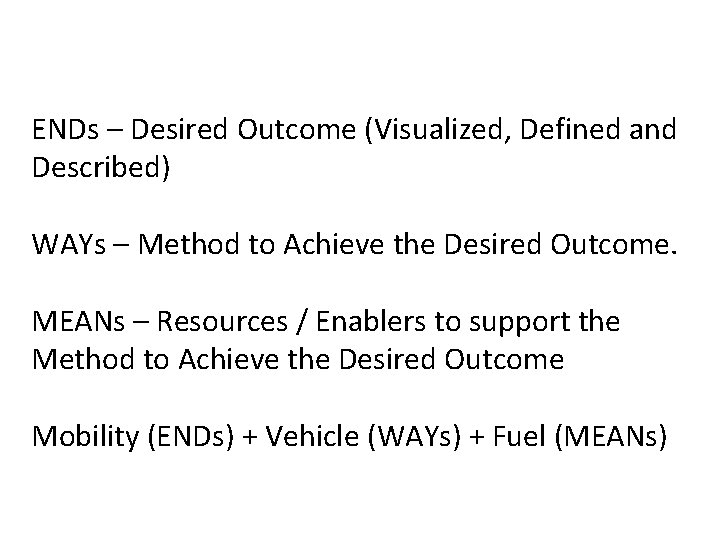 ENDs – Desired Outcome (Visualized, Defined and Described) WAYs – Method to Achieve the