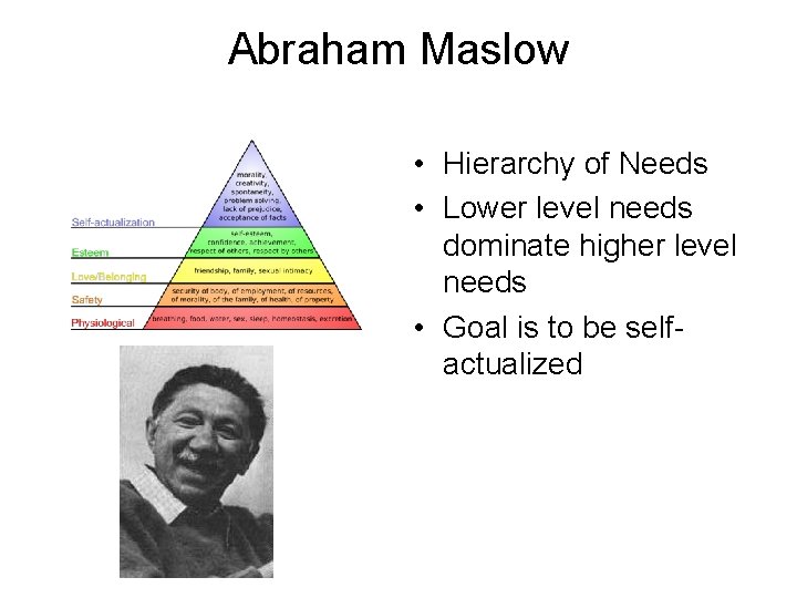 Abraham Maslow • Hierarchy of Needs • Lower level needs dominate higher level needs