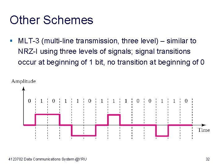 Other Schemes § MLT-3 (multi-line transmission, three level) – similar to NRZ-I using three