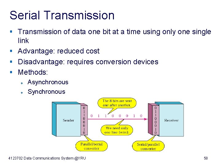 Serial Transmission § Transmission of data one bit at a time using only one