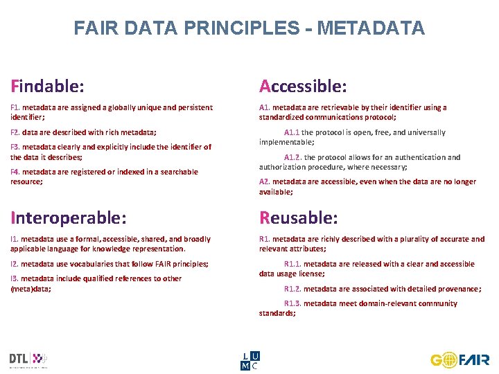 FAIR DATA PRINCIPLES - METADATA Findable: Accessible: F 1. metadata are assigned a globally