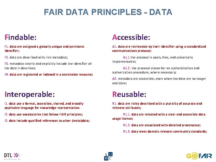 FAIR DATA PRINCIPLES - DATA Findable: Accessible: F 1. data are assigned a globally