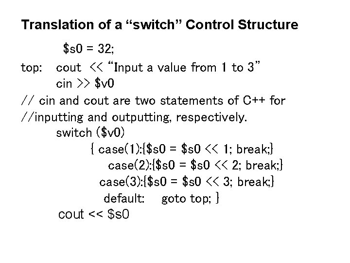 Translation of a “switch” Control Structure $s 0 = 32; top: cout << “Input