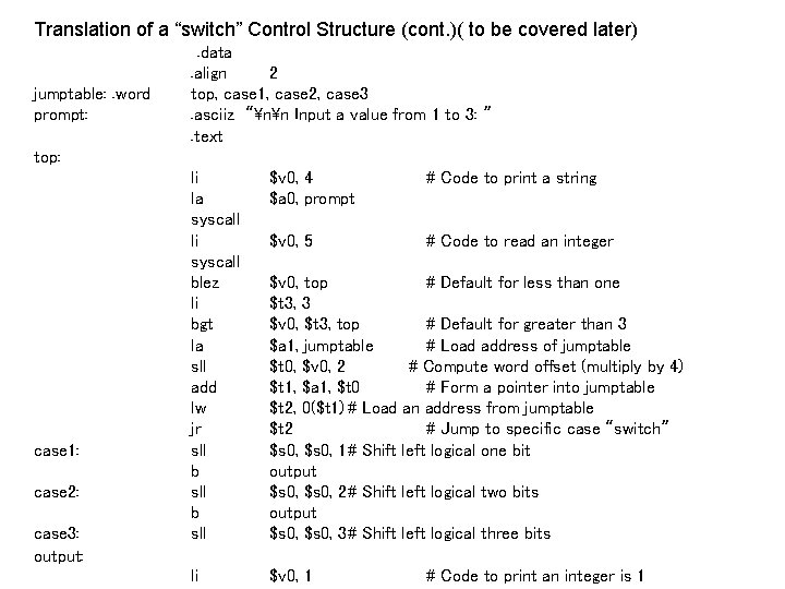 Translation of a “switch” Control Structure (cont. )( to be covered later) jumptable: .