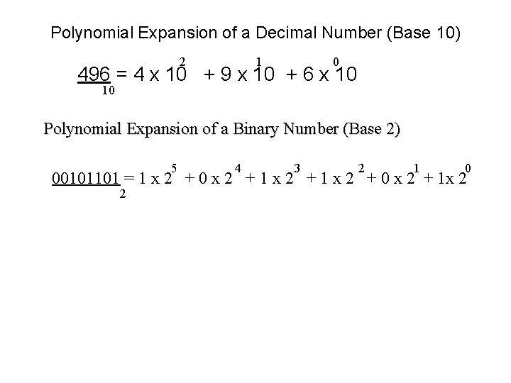 Polynomial Expansion of a Decimal Number (Base 10) 2 1 0 496 = 4