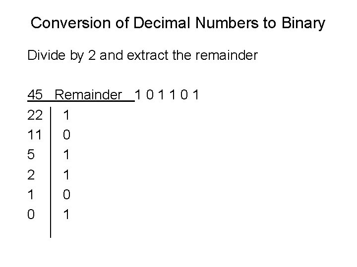 Conversion of Decimal Numbers to Binary Divide by 2 and extract the remainder 45