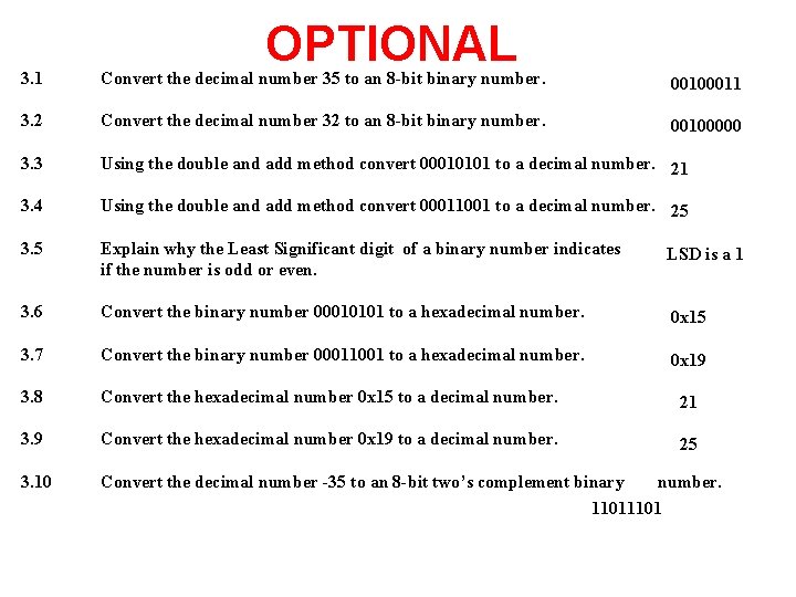 OPTIONAL 3. 1 Convert the decimal number 35 to an 8 -bit binary number.