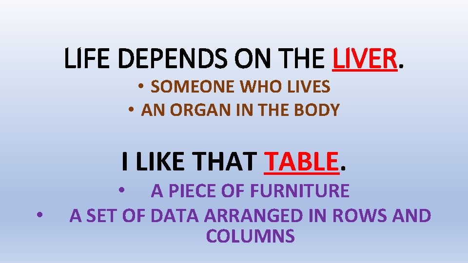 LIFE DEPENDS ON THE LIVER. • SOMEONE WHO LIVES • AN ORGAN IN THE