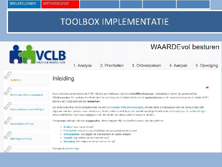 DOELSTELLINGEN METHODOLOGIE TOOLBOX IMPLEMENTATIE 