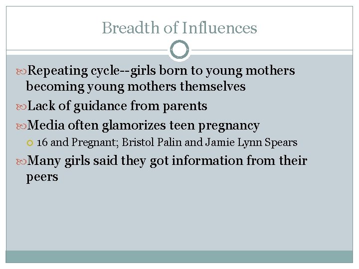 Breadth of Influences Repeating cycle--girls born to young mothers becoming young mothers themselves Lack