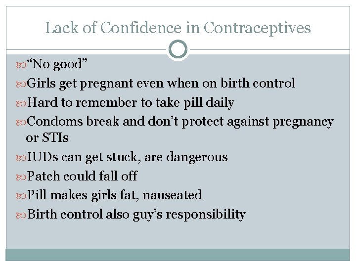 Lack of Confidence in Contraceptives “No good” Girls get pregnant even when on birth