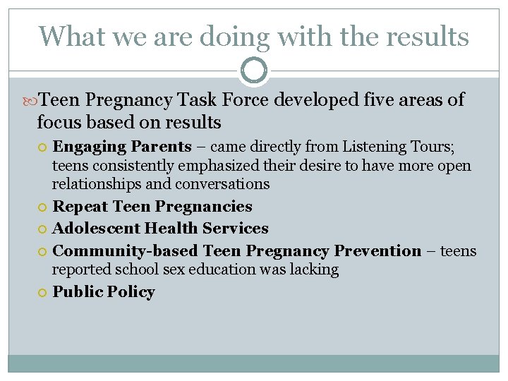 What we are doing with the results Teen Pregnancy Task Force developed five areas