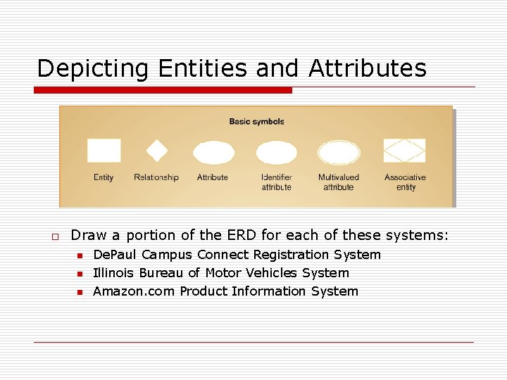 Depicting Entities and Attributes o Draw a portion of the ERD for each of