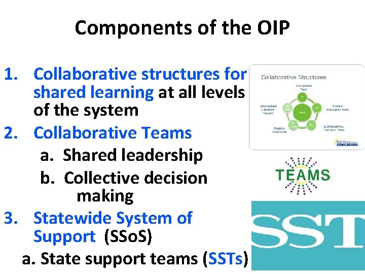 Components of the OIP 1. Collaborative structures for shared learning at all levels of