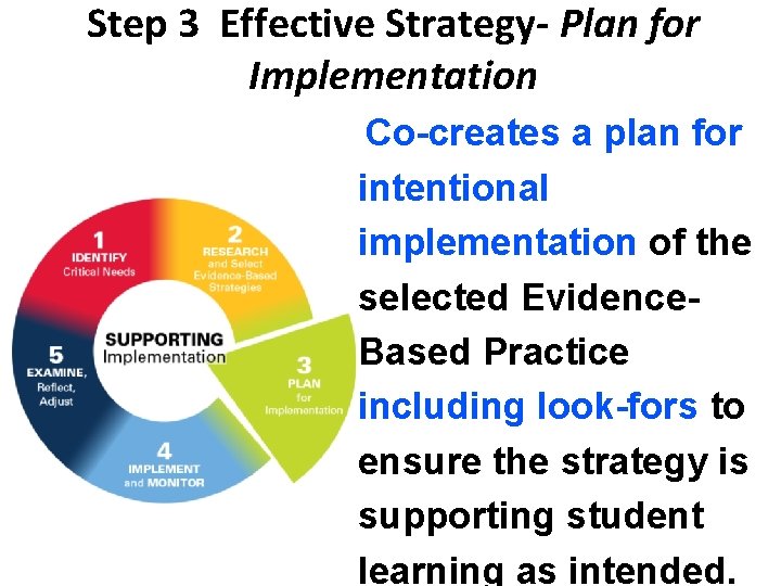 Step 3 Effective Strategy- Plan for Implementation Co-creates a plan for intentional implementation of