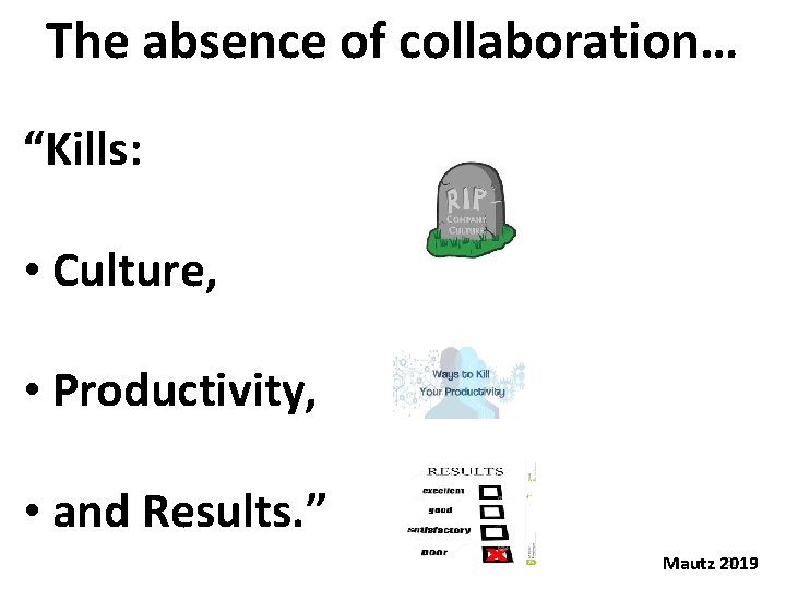 The absence of collaboration… “Kills: • Culture, • Productivity, • and Results. ” 60