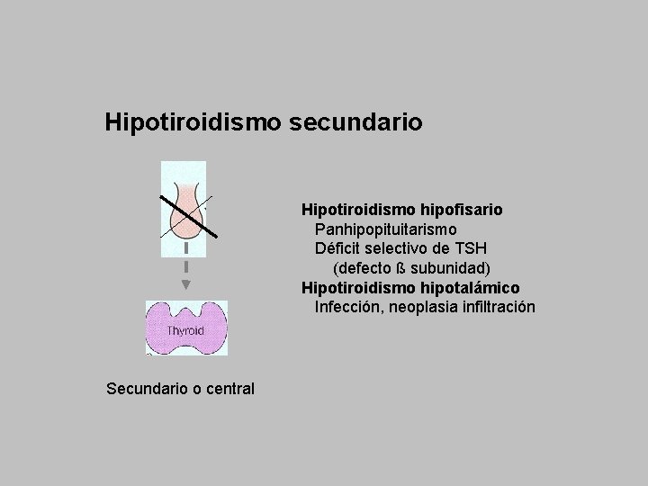 Hipotiroidismo secundario Hipotiroidismo hipofisario Panhipopituitarismo Déficit selectivo de TSH (defecto ß subunidad) Hipotiroidismo hipotalámico