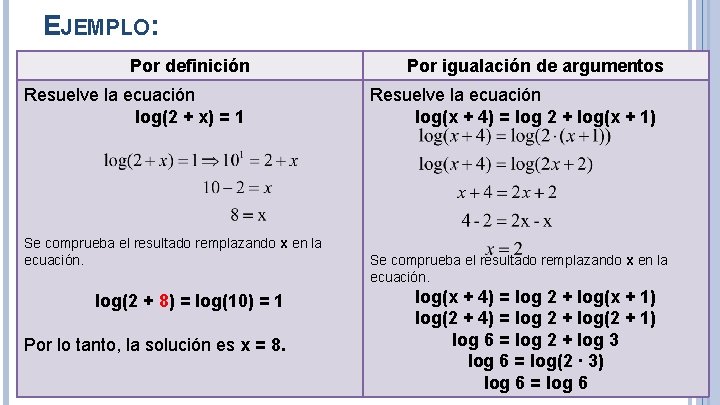 EJEMPLO: Por definición Resuelve la ecuación log(2 + x) = 1 Se comprueba el