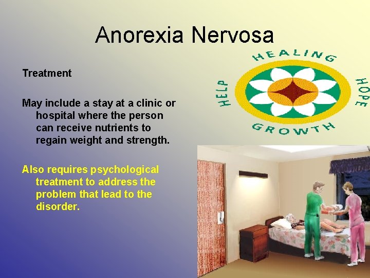 Anorexia Nervosa Treatment May include a stay at a clinic or hospital where the