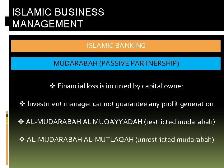 ISLAMIC BUSINESS MANAGEMENT ISLAMIC BANKING MUDARABAH (PASSIVE PARTNERSHIP) v Financial loss is incurred by